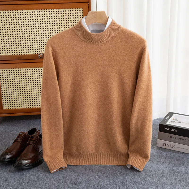 Man wearing a loose-fit half-collar wool sweater in a neutral colour, showing the knitted texture and relaxed fit.