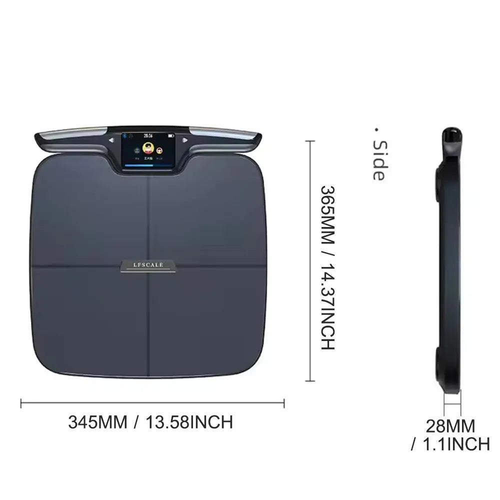 Black eight-electrode body fat smart scale showing digital display.