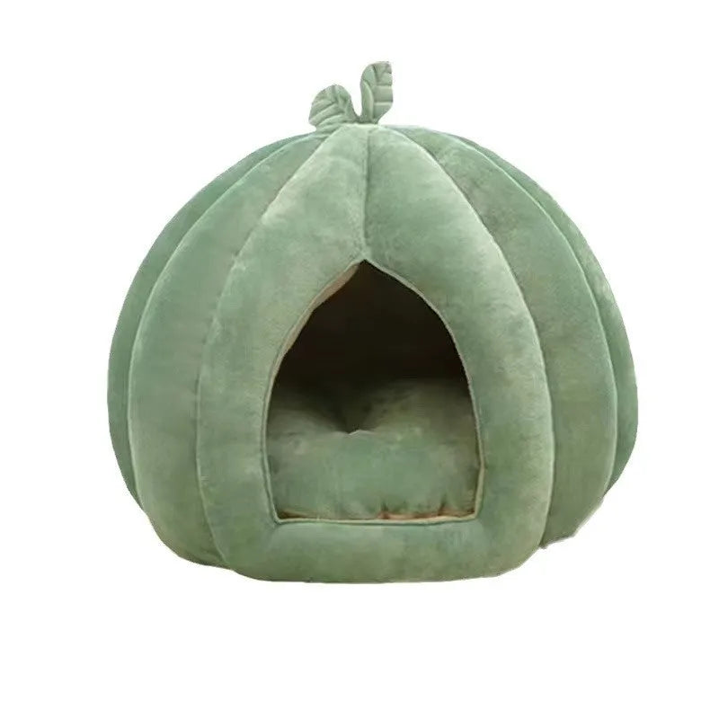 Semi-enclosed leaf style pumpkin nest cat bed in PP cotton with removable cover, three sizes