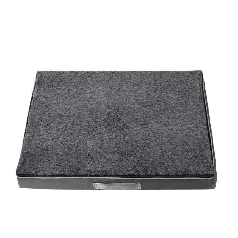 Removable washable memory sponge dog mat in khaki colour on a wooden floor.