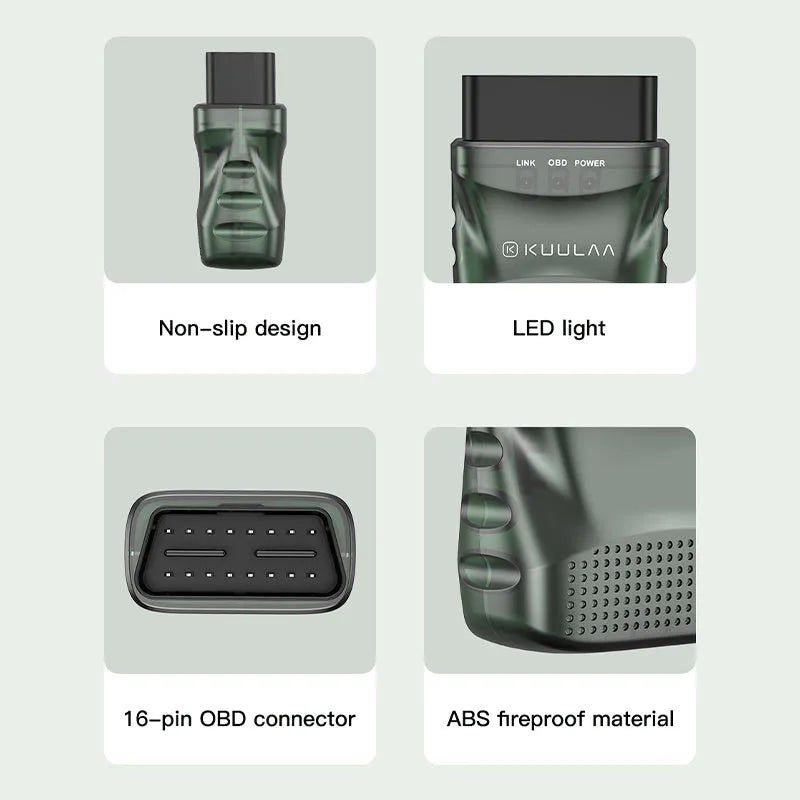 Green plastic Bluetooth OBD auto fault detector with OBDII connector and user manual