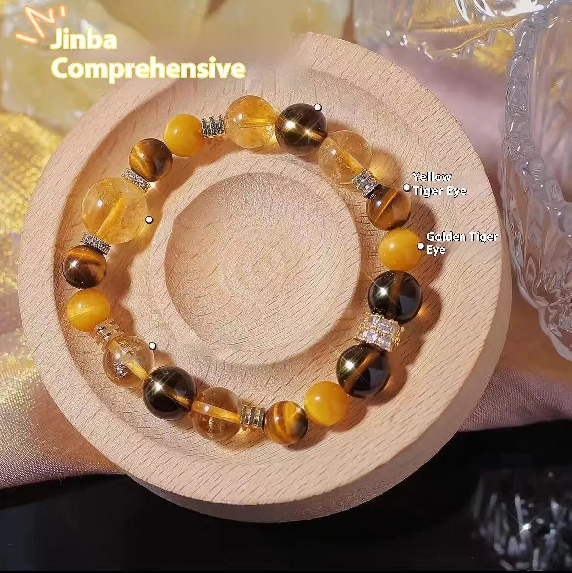 Women's natural yellow tower crystal string bead bracelet with 10mm round beads.