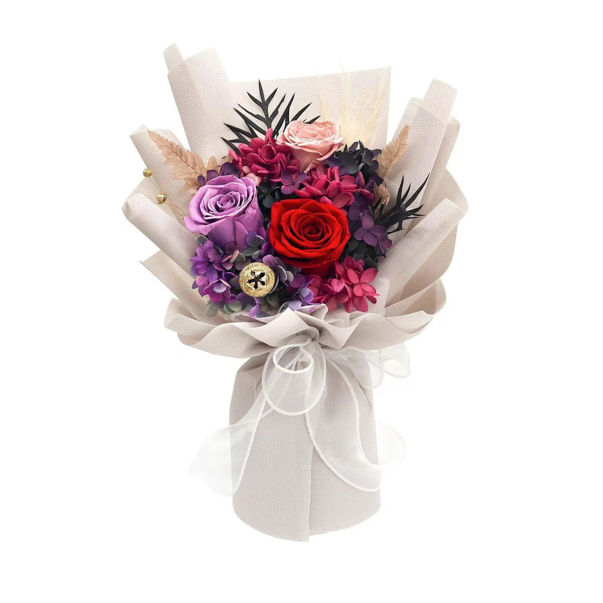 Preserved fresh flower rose bouquet in purple, gray blue, white, pink, or khaki, supplied as one bunch for gifting.