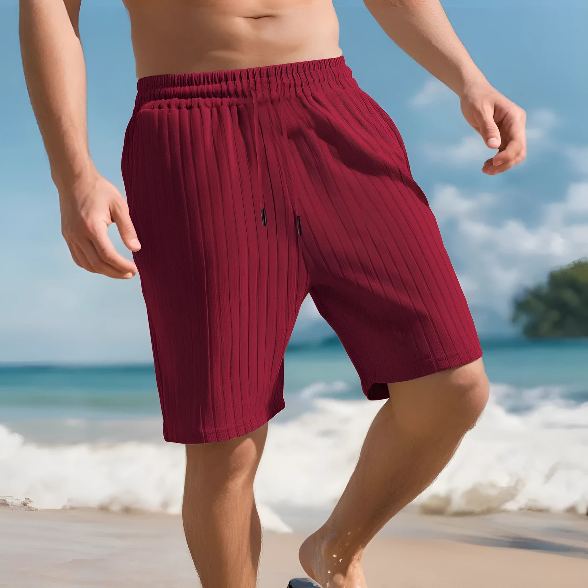 Men's striped linen-style sports shorts with elastic waist in multiple colour options