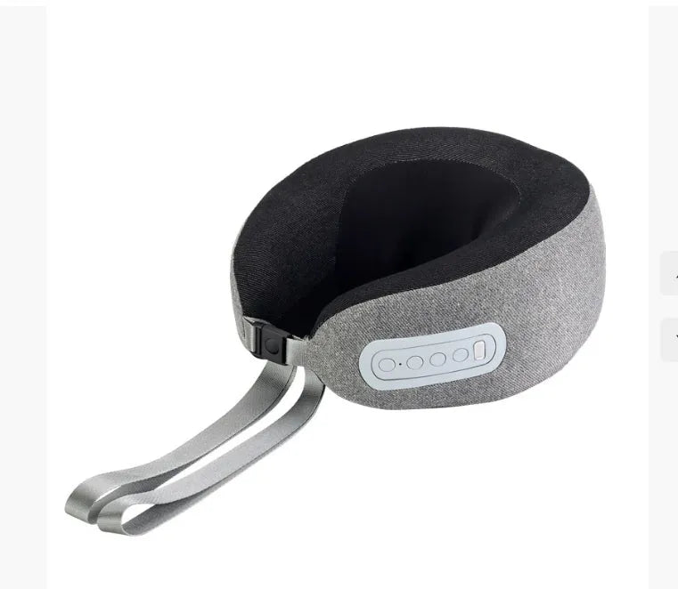 Light grey U-shaped memory foam massage pillow with USB cable on a neutral background