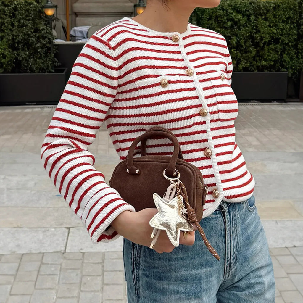 Red and white striped long sleeve button-down shirt in polyester, sizes S to XL
