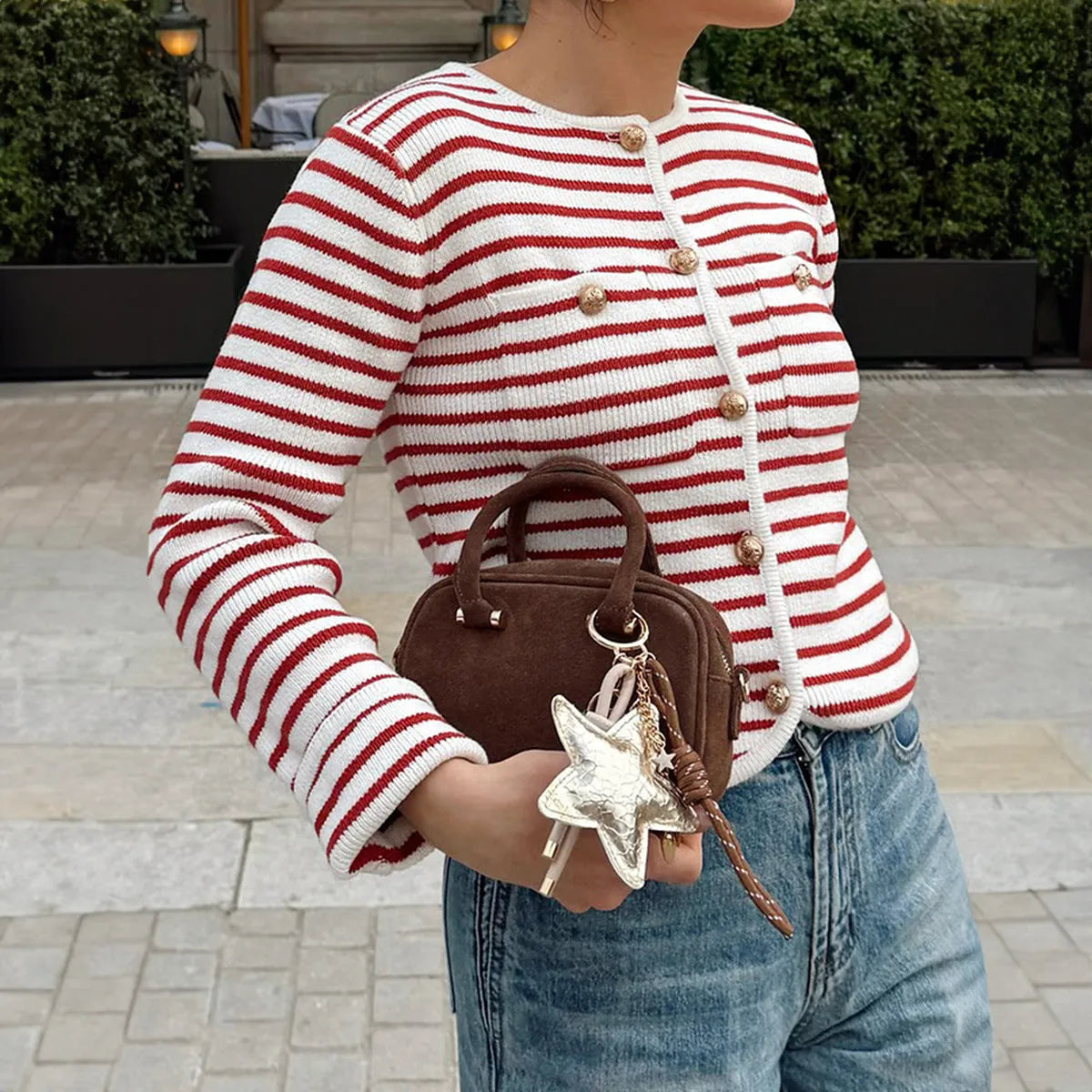 Red and white striped long sleeve button-down shirt in polyester, sizes S to XL
