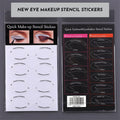 Four reusable silicone eyeliner stencil templates on a pink background, showing winged and graphic design cut-outs.