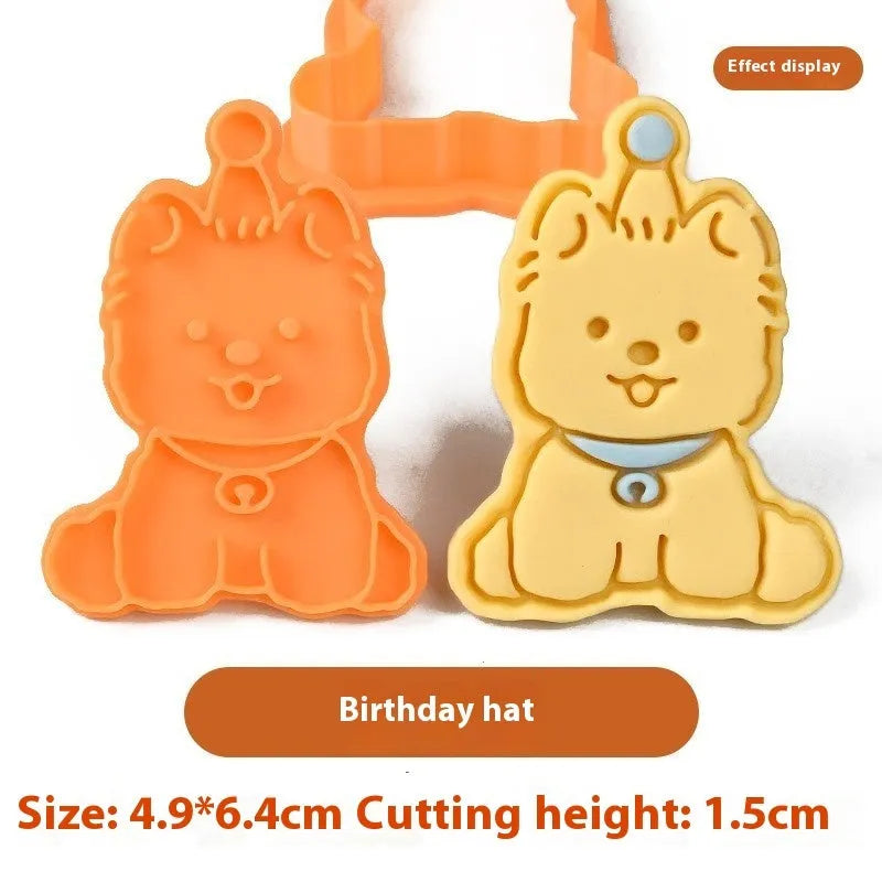 Three-dimensional puppy cartoon biscuit mould with birthday hat design for baking dog-themed cookies