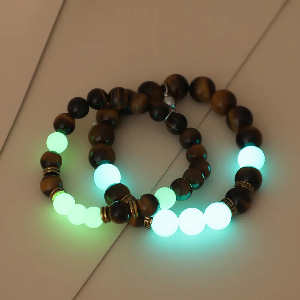 Geometric couple bracelets with amber luminous stones in simple retro style