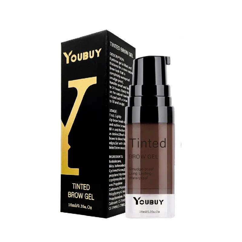 Waterproof brow cream tube in dark grey or golden yellow shades with eyebrow dye formulation