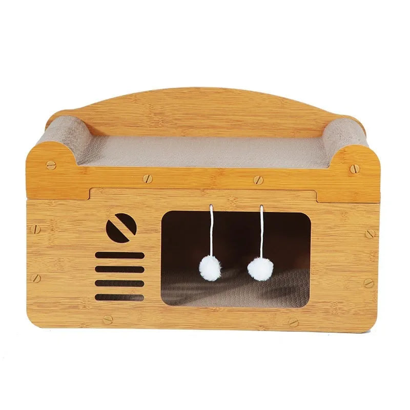 Brown corrugated cardboard cat house with double layer construction and two ball-shaped entrance doors