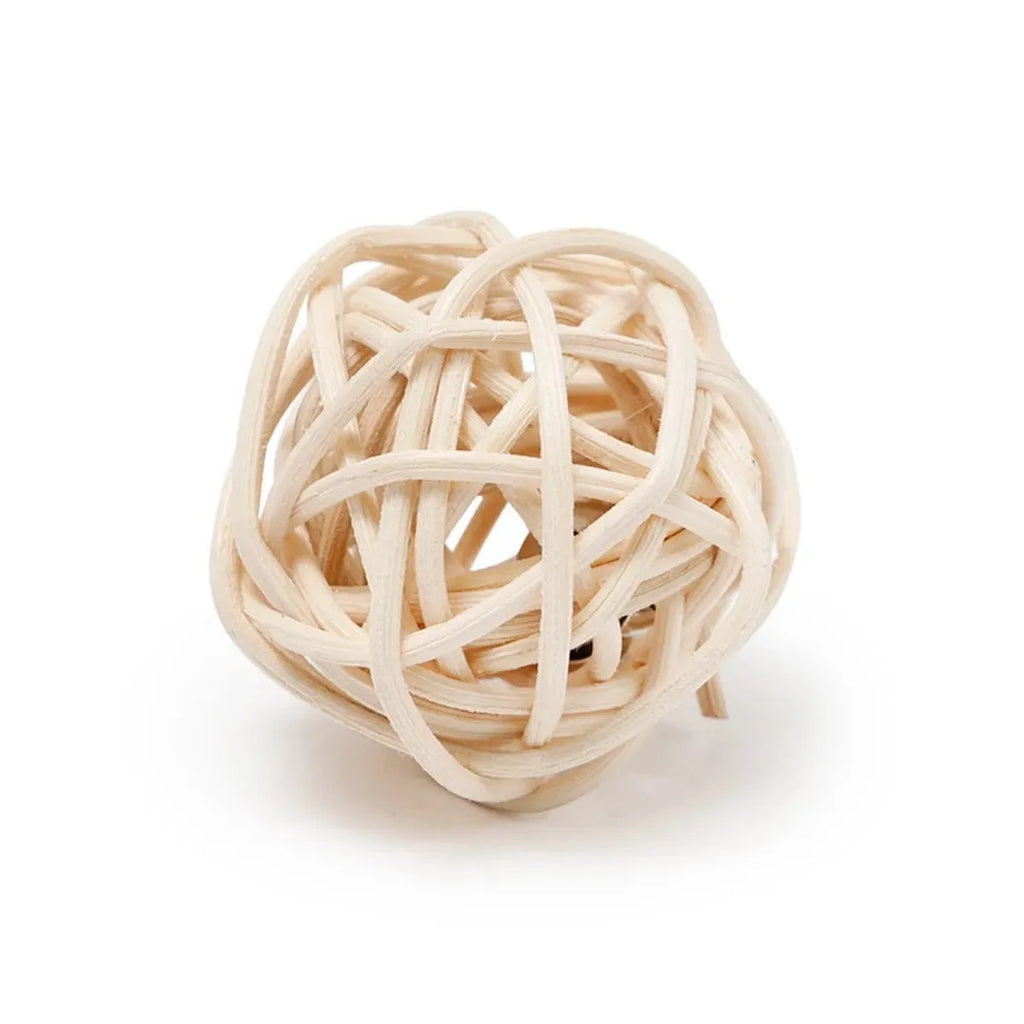 Two cat toy balls: one rattan ball and one faux feather ball with bells