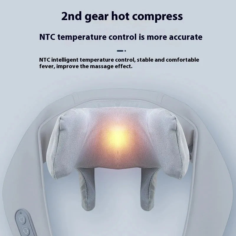 Grey elastic fabric USB rechargeable neck and back massager with infrared function.