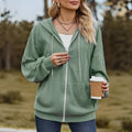 Green women’s hooded zipper sweater coat, loose fit, long sleeves, 50 cm length