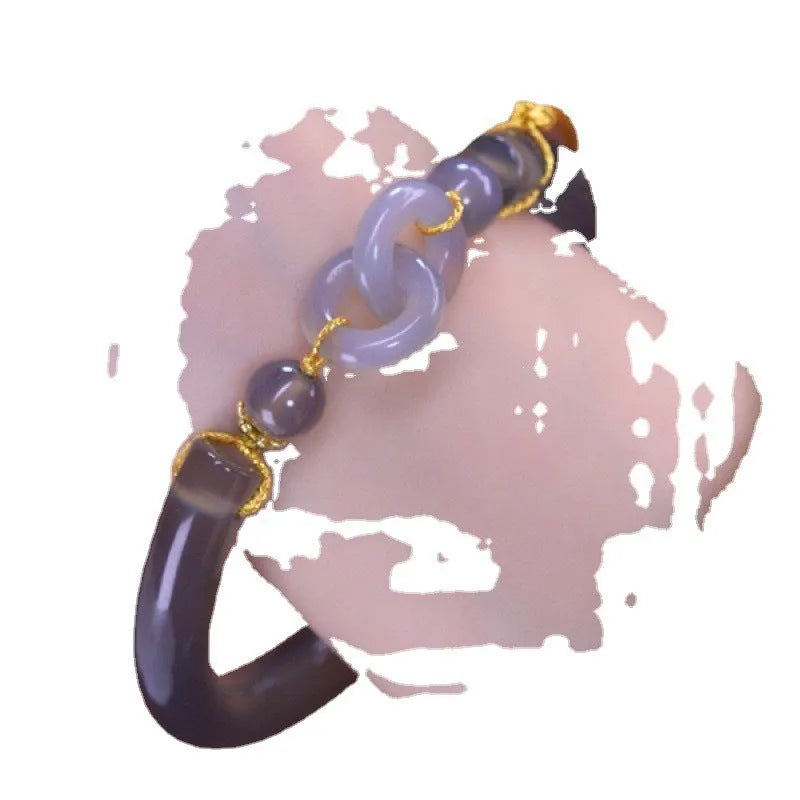 Smoke purple agate half bracelet with ring buckle closure on grey background