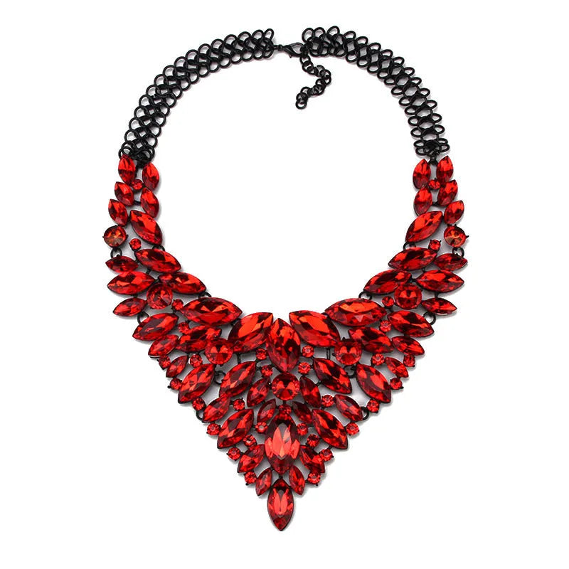 Alloy rhinestone necklace in water drop shape with full diamond inlay on white background