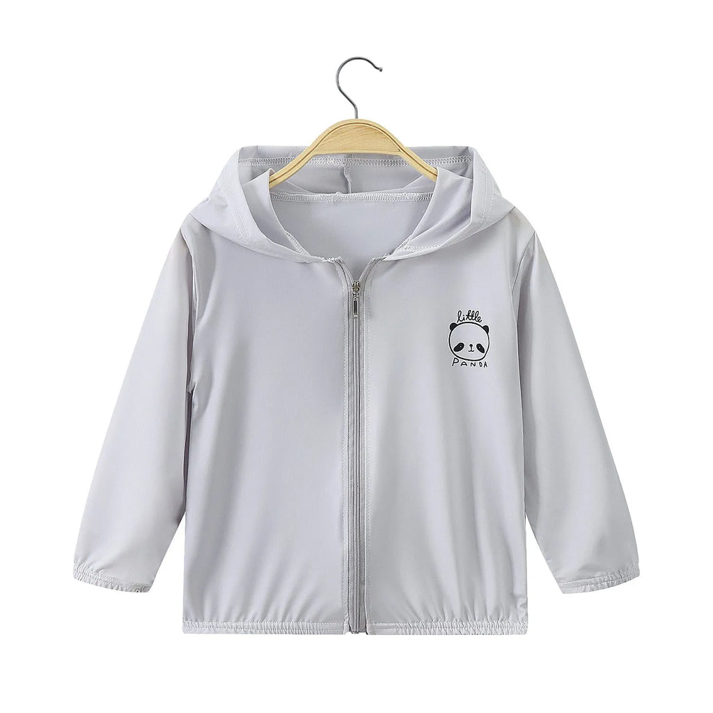 Children's Ice Silk sun protection jacket in white, showing front view with zip and collar
