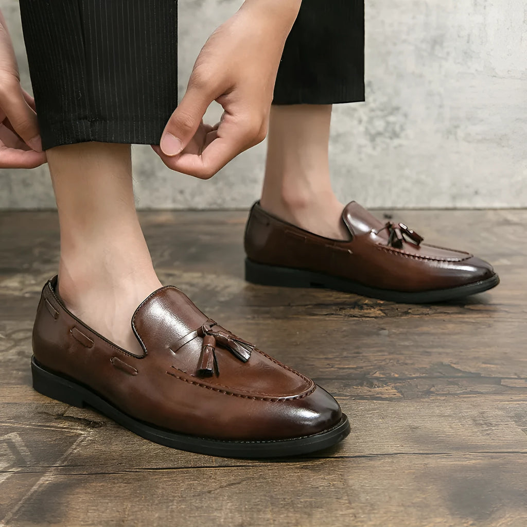 Men's tassel slip-on shoes, low top artificial PU upper, black brown blue, sizes 38 to 46