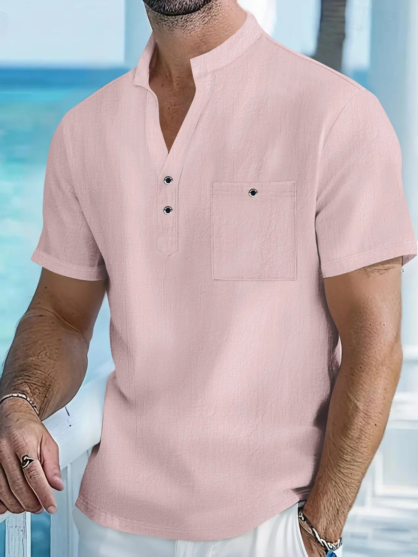Men's loose fit stand collar t-shirt in linen blend fabric, shown in light blue colour.