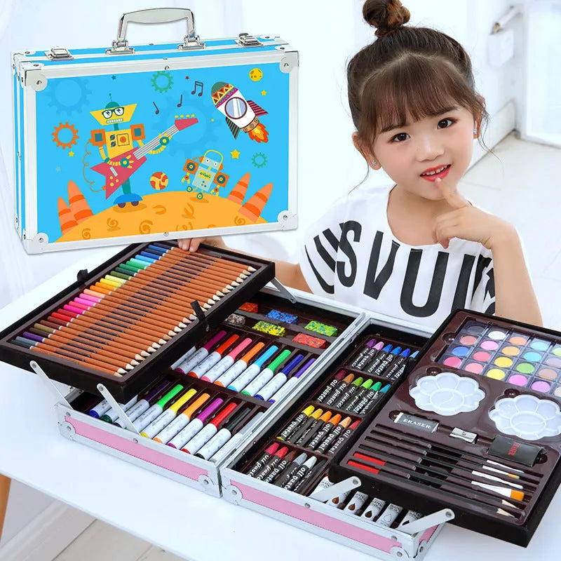 Creative birthday gift for girls ten years old, 3-layer pink aluminium box set with doodle pen set, plastic construction
