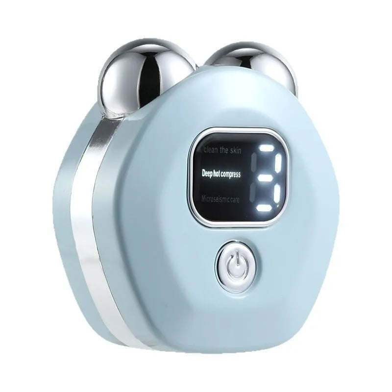 Portable light blue micro current double-roller facial massage instrument with hot compress function.