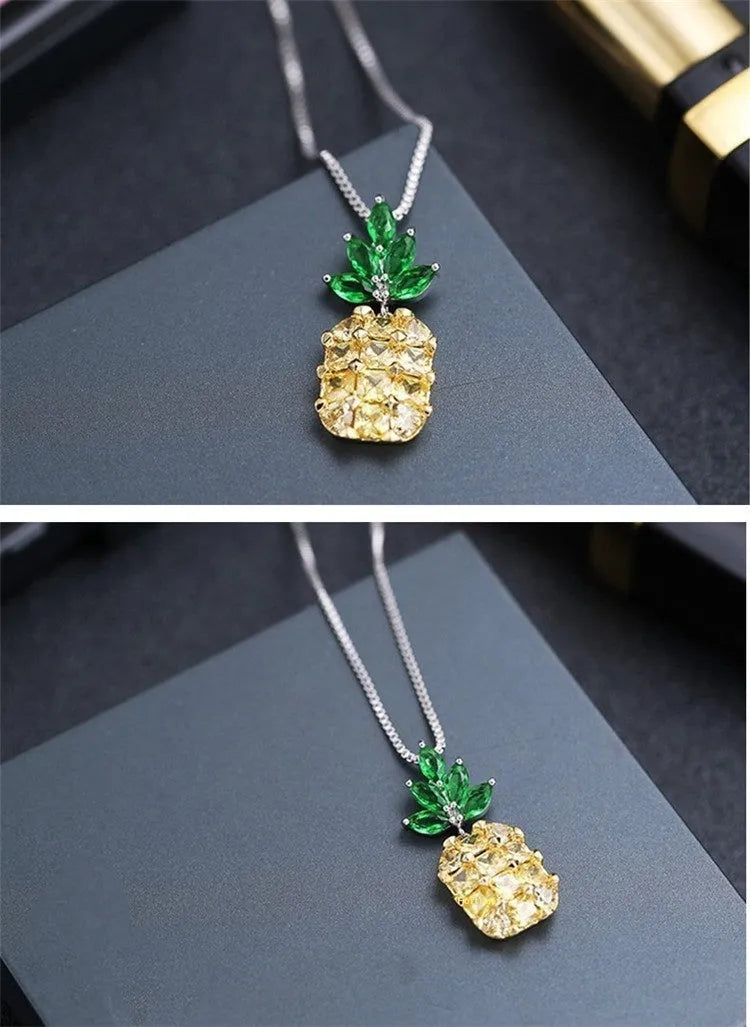 Silver geometric pineapple diamond pendant on a women's necklace, Korean fashion style.