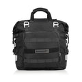 Motorcycle side bag with quick-release buckles shown in black and army green colours