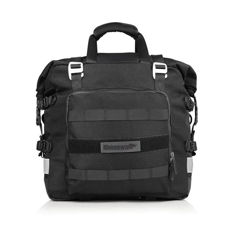 Motorcycle side bag with quick-release buckles shown in black and army green colours