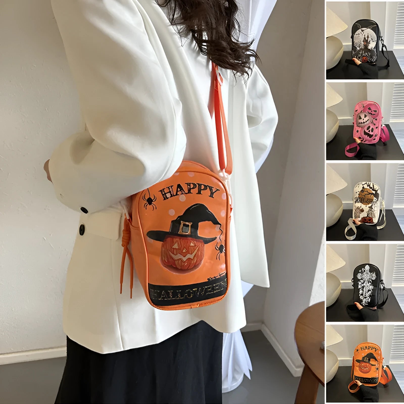 Black Halloween crossbody bag with orange pumpkin, white ghost, and black bat graffiti print, shown on adjustable strap.