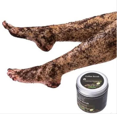 Jar of Coconut Oil Coffee Scrub exfoliating deep cleansing granules with coffee and coconut oil ingredients