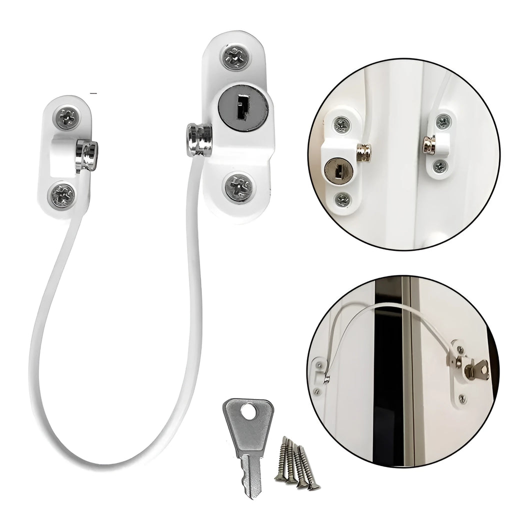 Window security chain lock with 18cm steel cable and aluminium alloy body in white colour