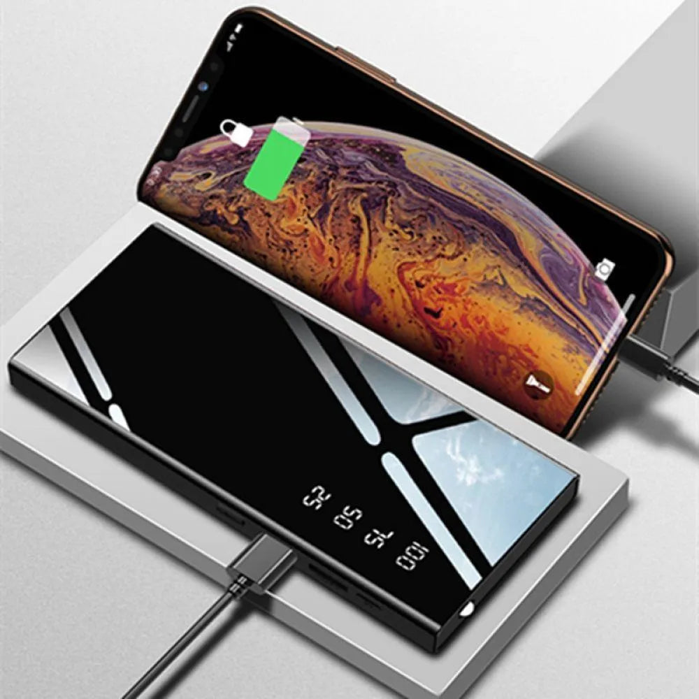 Black 20000mAh portable power bank showing LCD display and two USB ports.