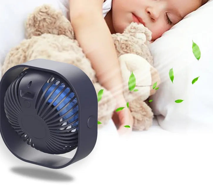 USB desk fan with rotating head in blue colour, showing rotary switch and compact square design.