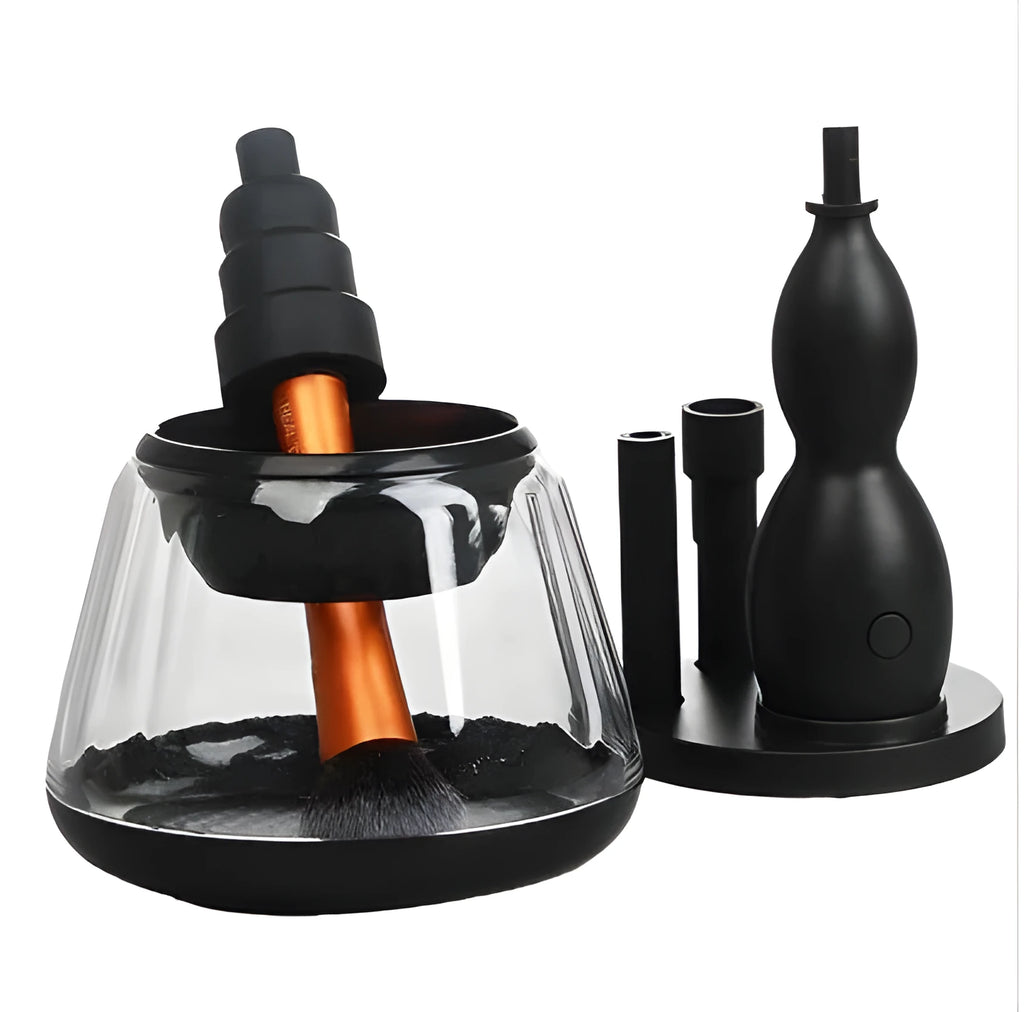 Electric make-up brush cleaner machine with three silicone transparent cans in compact 14cm cube design