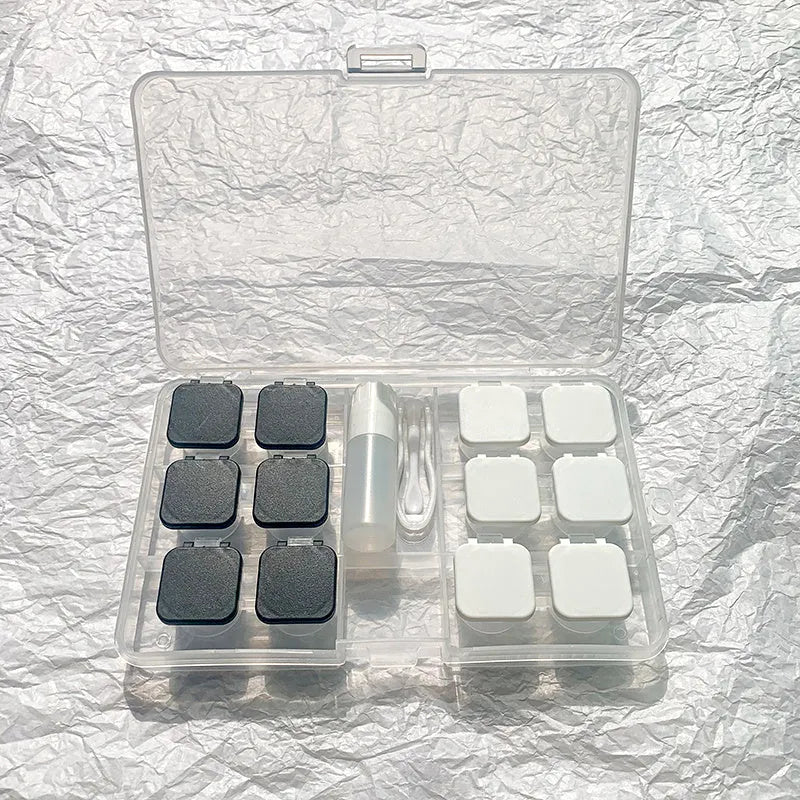 Portable rectangular contact lens case with vibration cleaning in multiple colour options