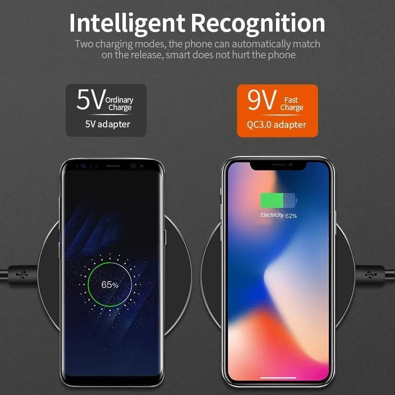 Ultra-thin black aluminium QI wireless charger with USB cable on wooden surface