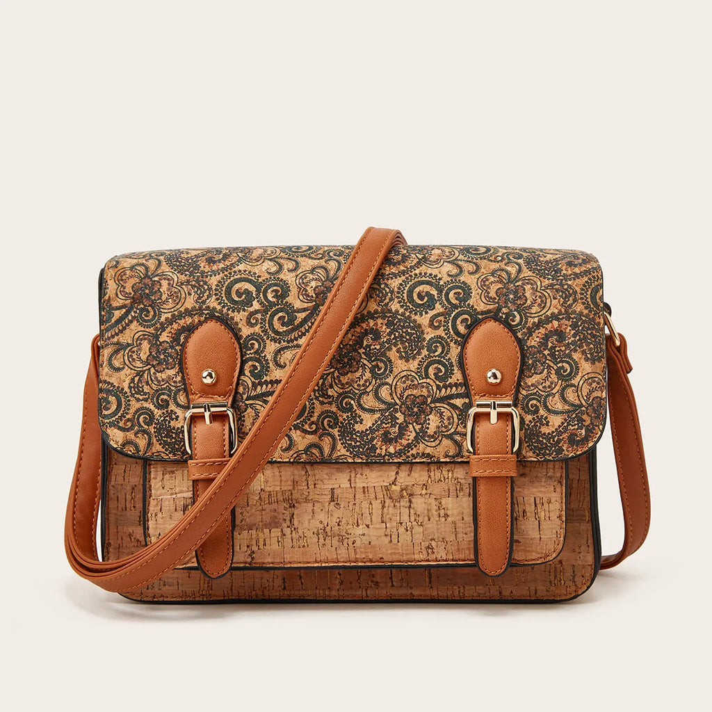 Women's printed PU crossbody bag in pansy pattern with single shoulder strap.