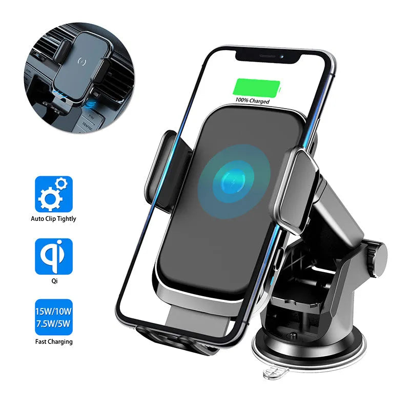 Black car wireless charger with suction cup mount on a car dashboard, ABS joint rod visible