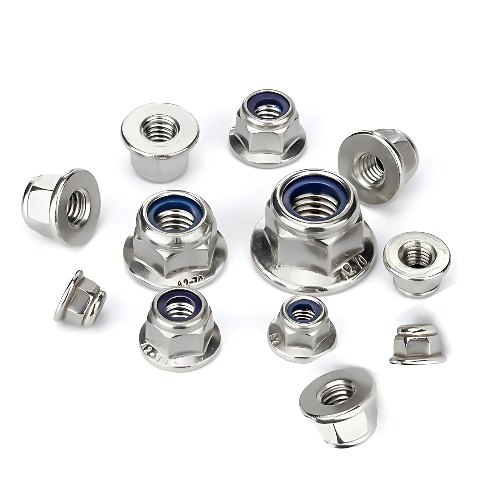 304 stainless steel flange nylon locking nut with hexagonal flats and integrated flange base, shown in metric sizes M3 to M16