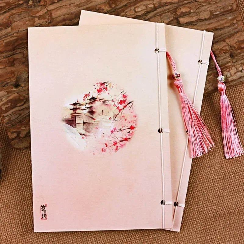 Traditional Chinese thread-bound notebook with watercolour Azalea floral cover art
