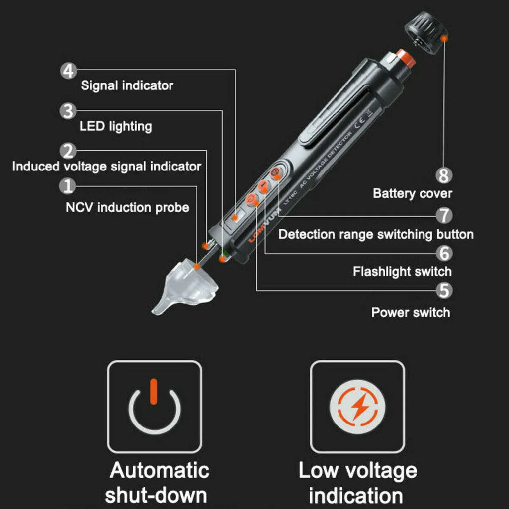 Black intelligent voltage detection pen with sensor tip for live and neutral wire testing.