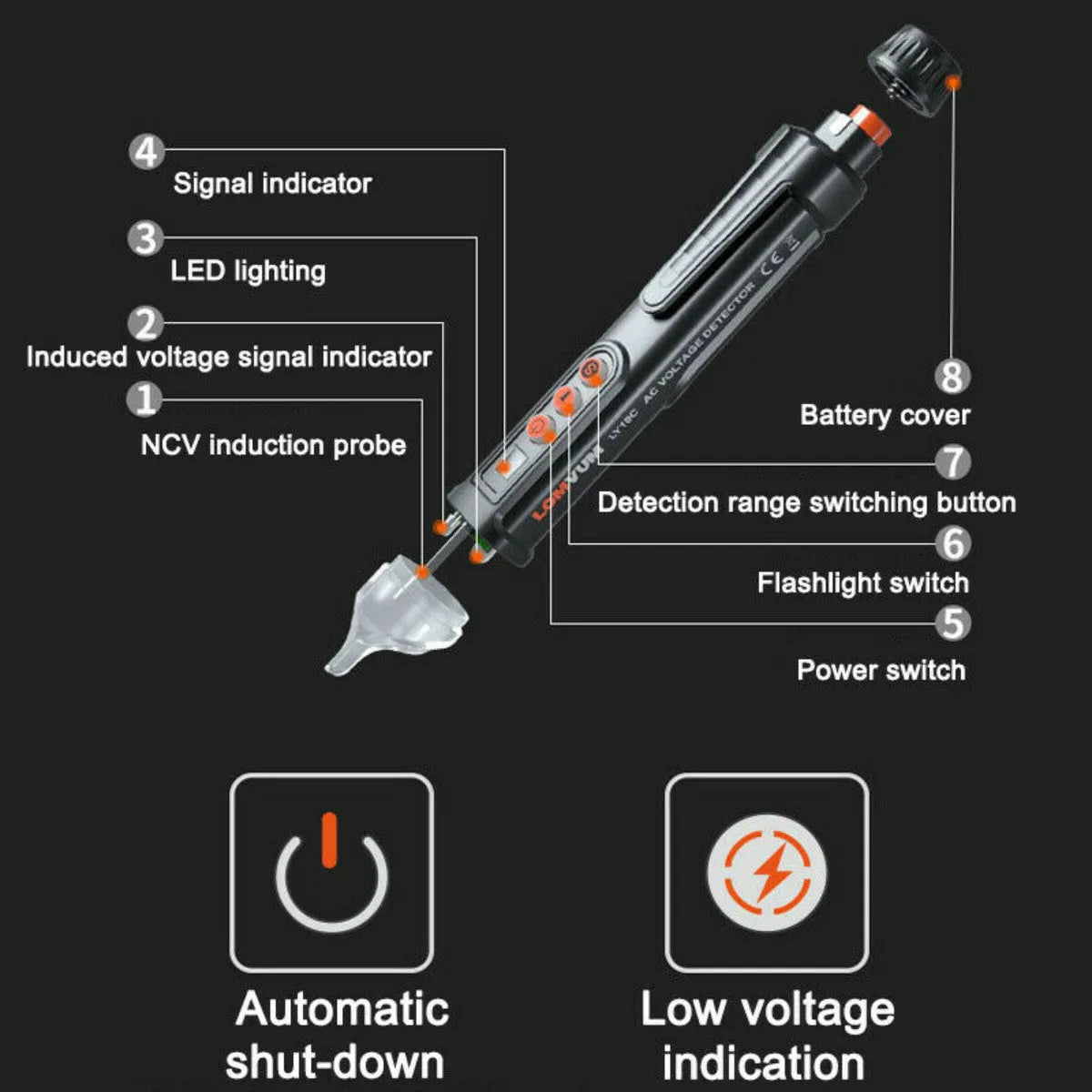 Black intelligent voltage detection pen with sensor tip for live and neutral wire testing.