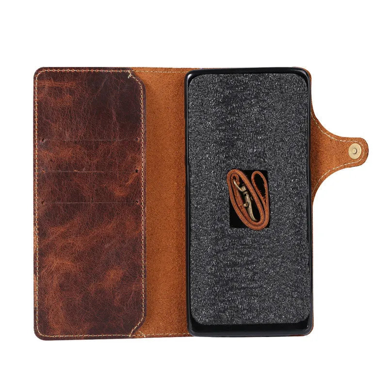 Handcrafted leather wallet case for Samsung Note 9 phone with built-in stand