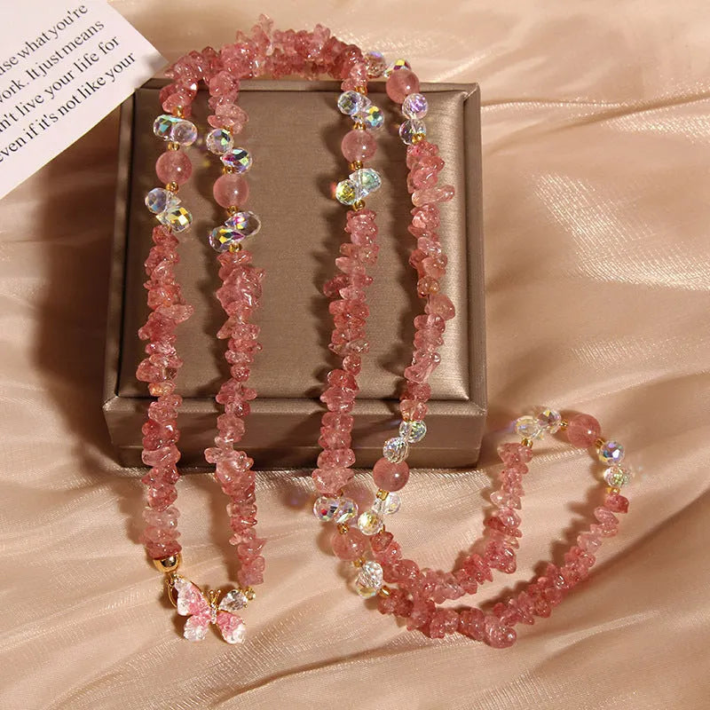 Natural quartz sand stone necklace with alloy pendant and crystal gravel beads in amethyst, citrine, or pink colour.