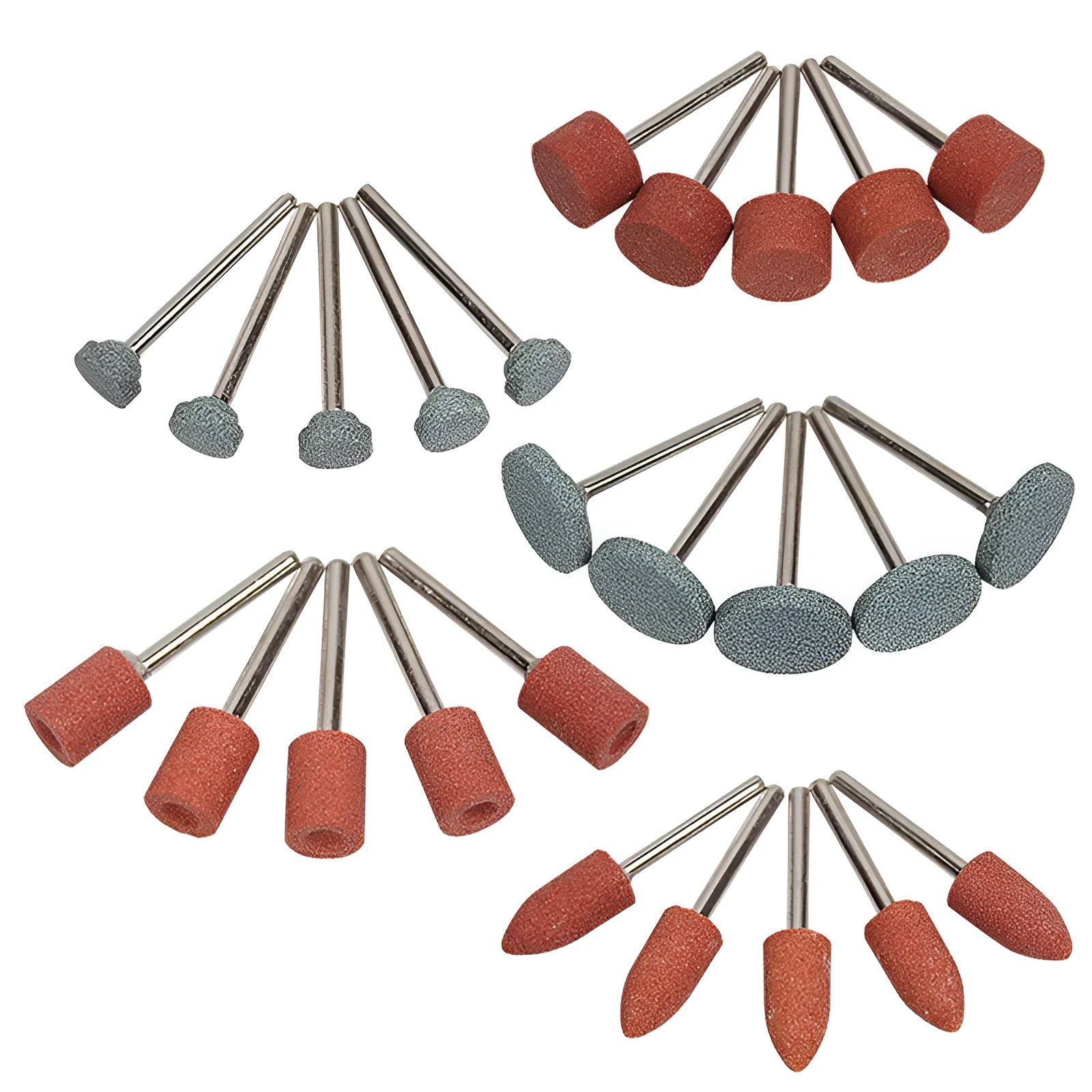 Electric grinding wheel set with five ceramic bond abrasive stone heads in small T, large T, cylinder, and cone shapes
