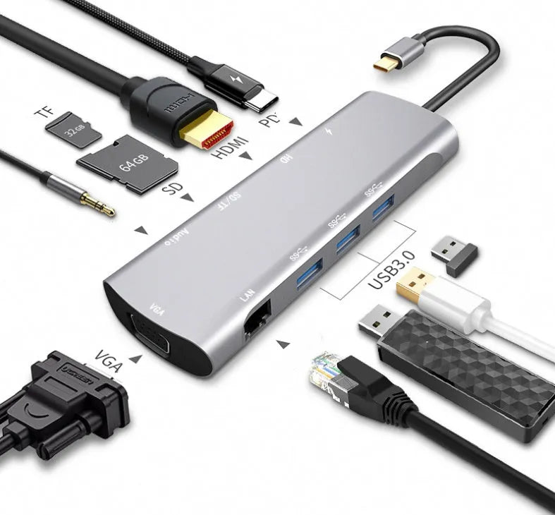 Grey aluminium USB-C docking station with 4K HDMI, VGA, and USB ports, showing 140mm attached cable.