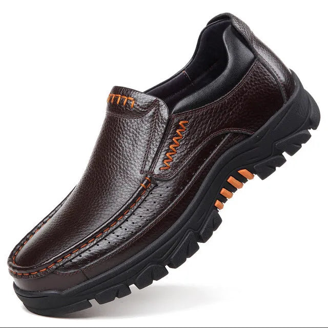 Men's black cowhide leather slip-on business casual shoes with a rubber sole