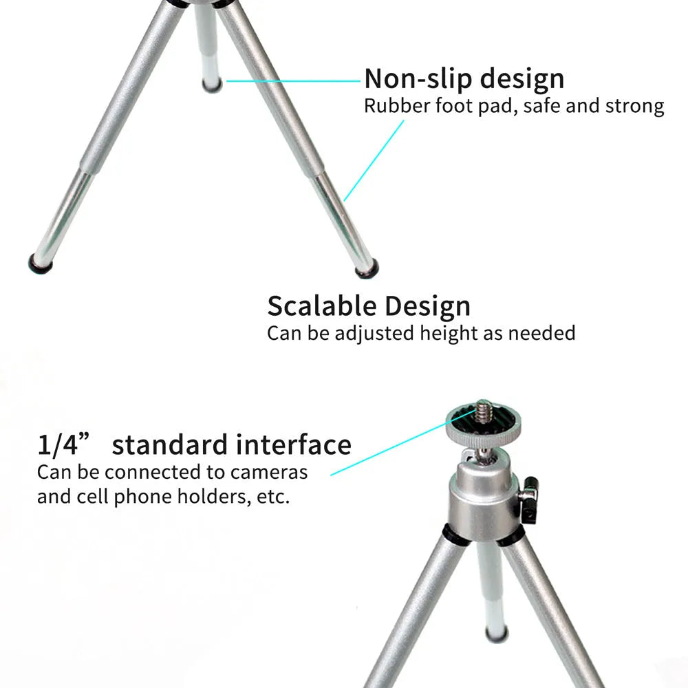 Mini aluminium tripod extended with ball head, shown alongside a U-shaped smartphone clip on a table.