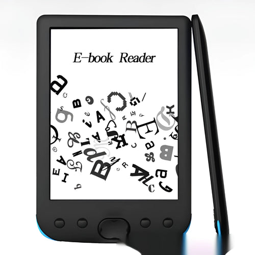 Black 6-inch e-ink screen e-book reader with multiple memory configuration options displayed